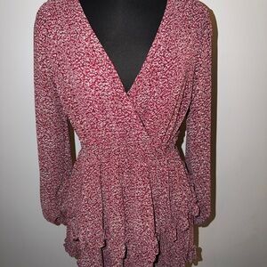 SHEIN Red Floral V Neck Flutter Long Sleeve Mini Dress Medium